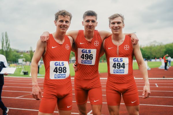 Steffen Riestenpatt (TSV Bayer 04 Leverkusen), Tom Klose (TSV Bayer 04 Leverkusen), Till Grommisch (TSV Bayer 04 Leverkusen) am 29.04.2023 bei den deutschen Meisterschaften Langstaffel in Bietigheim-Bissingen