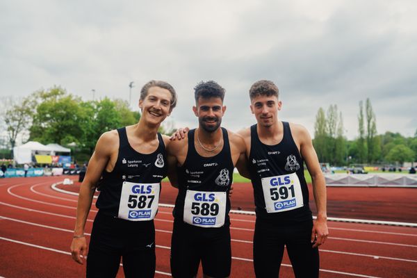 Artur Beimler (SC DHfK Leipzig e.V.), Conrad Kieselberger (SC DHfK Leipzig e.V.), Oliver Kreisel (SC DHfK Leipzig e.V.) am 29.04.2023 bei den deutschen Meisterschaften Langstaffel in Bietigheim-Bissingen