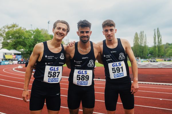 Artur Beimler (SC DHfK Leipzig e.V.), Conrad Kieselberger (SC DHfK Leipzig e.V.), Oliver Kreisel (SC DHfK Leipzig e.V.) am 29.04.2023 bei den deutschen Meisterschaften Langstaffel in Bietigheim-Bissingen