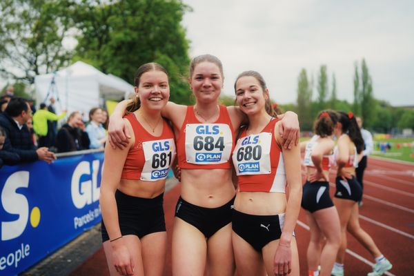Anna Kamp (LG Brillux Muenster), Christina Lehnen (LG Brillux Muenster), Franziska Dinkelborg (LG Brillux Muenster) am 29.04.2023 bei den deutschen Meisterschaften Langstaffel in Bietigheim-Bissingen