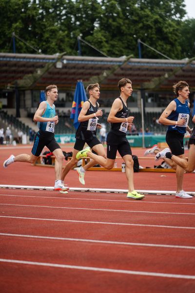 Simon Trampusch (TuS Framersheim), Robert Fuelle (SSV Ulm 1846), Rodion Beimler (SC DHfK Leipzig e.V.) am 01.07.2023 waehrend den deutschen U23 Leichtathletik-Meisterschaften im Jahnstadion in Göttingen