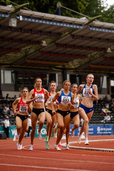 Lucia Sturm (TSV Moselfeuer Lehmen), Lina Hanich (LC Paderborn),  Smilla Kolbe (VfL Eintracht Hannover), Laura Wilhelm (LAV Stadtwerke Tuebingen) am 02.07.2023 waehrend den deutschen U23 Leichtathletik-Meisterschaften im Jahnstadion in Göttingen