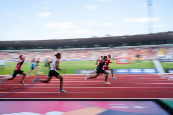 Manuel Mordi (Hamburger SV), Gregory Minoue (TV Angermund) während der 113. Deutschen Leichtathletik-Meisterschaften am 08.07.2023 im Auestadion in Kassel