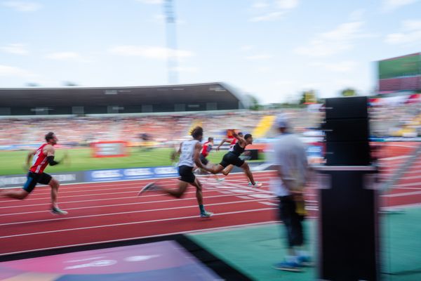 Manuel Mordi (Hamburger SV), Gregory Minoue (TV Angermund) während der 113. Deutschen Leichtathletik-Meisterschaften am 08.07.2023 im Auestadion in Kassel