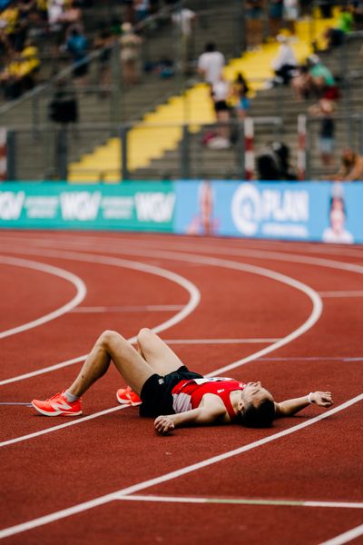 Maximilian Thorwirth (SFD 75 Duesseldorf-Sued) nach den 5000m während der 113. Deutschen Leichtathletik-Meisterschaften am 09.07.2023 im Auestadion in Kassel