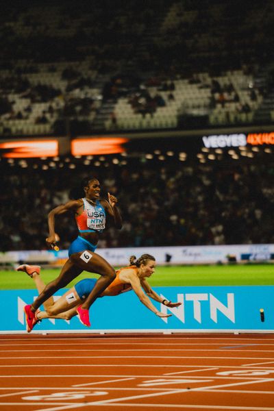 Femke Bol (NED/Netherlands), Alexis Holmes (USA/United States) during the 4x400 Metres Mixed Relay during day 1 of the World Athletics Championships Budapest 23 at the National Athletics Centre in Budapest, Hungary on August 19, 2023.