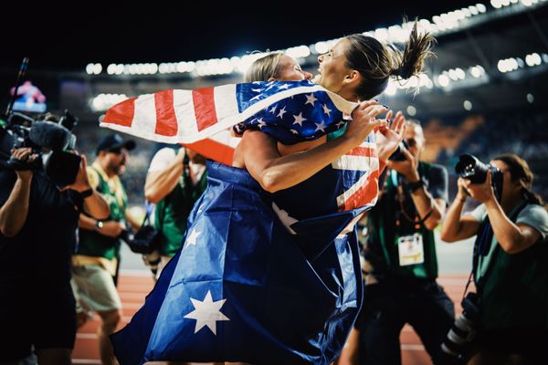 Katie Moon (USA/United States) and Nina Kennedy (AUS/Australia) on Day 5 of the World Athletics Championships Budapest 23 at the National Athletics Centre in Budapest, Hungary on August 23, 2023.