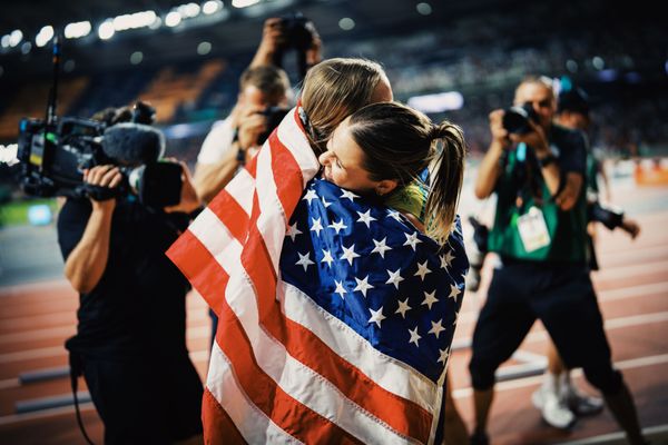 Katie Moon (USA/United States) and Nina Kennedy (AUS/Australia) on Day 5 of the World Athletics Championships Budapest 23 at the National Athletics Centre in Budapest, Hungary on August 23, 2023.