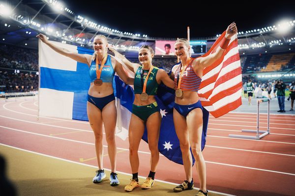 Wilma Murto (FIN/Finland), Nina Kennedy (AUS/Australia) and Katie Moon (USA/United States) on Day 5 of the World Athletics Championships Budapest 23 at the National Athletics Centre in Budapest, Hungary on August 23, 2023.