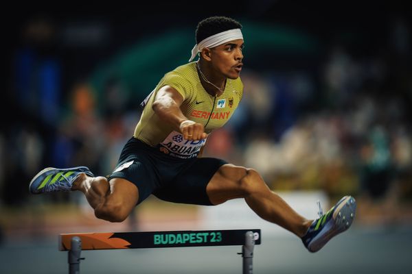 Joshua Abuaku (GER/Germany) during the 400 Metres Hurdles Final on Day 5 of the World Athletics Championships Budapest 23 at the National Athletics Centre in Budapest, Hungary on August 23, 2023.
