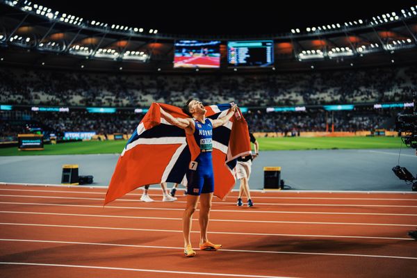 Karsten Warholm (NOR/Norway) during the 400 Metres Hurdles Final on Day 5 of the World Athletics Championships Budapest 23 at the National Athletics Centre in Budapest, Hungary on August 23, 2023.