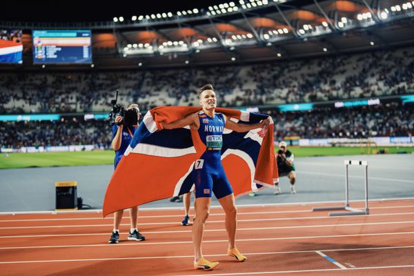 Karsten Warholm (NOR/Norway) during the 400 Metres Hurdles Final on Day 5 of the World Athletics Championships Budapest 23 at the National Athletics Centre in Budapest, Hungary on August 23, 2023.