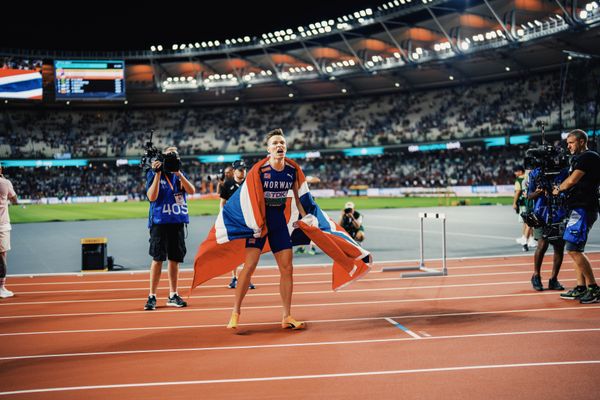 Karsten Warholm (NOR/Norway) during the 400 Metres Hurdles Final on Day 5 of the World Athletics Championships Budapest 23 at the National Athletics Centre in Budapest, Hungary on August 23, 2023.