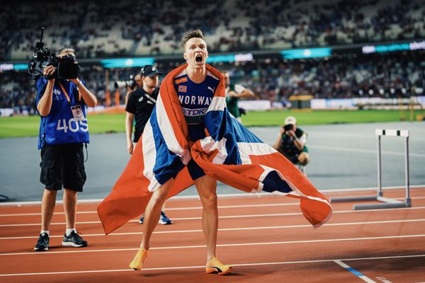 Karsten Warholm (NOR/Norway) during the 400 Metres Hurdles Final on Day 5 of the World Athletics Championships Budapest 23 at the National Athletics Centre in Budapest, Hungary on August 23, 2023.