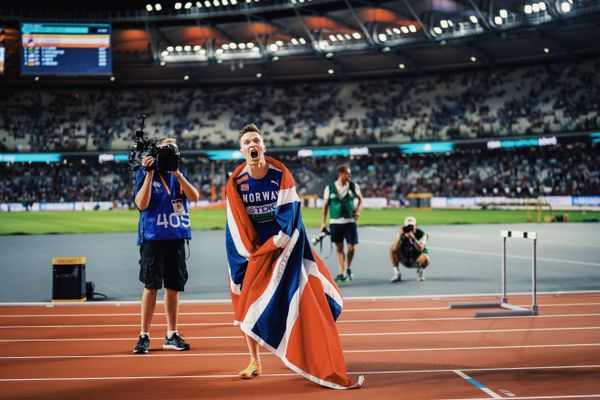 Karsten Warholm (NOR/Norway) during the 400 Metres Hurdles Final on Day 5 of the World Athletics Championships Budapest 23 at the National Athletics Centre in Budapest, Hungary on August 23, 2023.