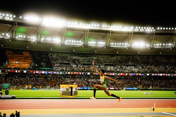 Shanieka Ricketts (JAM/Jamaica) during the Triple Jump Final on Day 7 of the World Athletics Championships Budapest 23 at the National Athletics Centre in Budapest, Hungary on August 25, 2023.