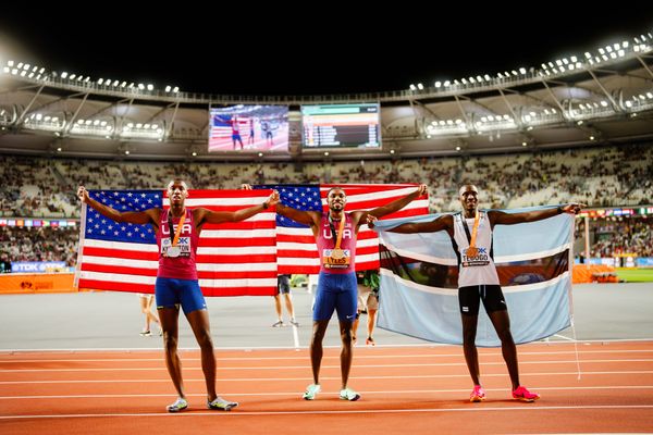 Erriyon Knighton (USA/United States), Noah Lyles (USA/United States), Letsile Tebogo (BOT/Botswana) during the 200 Metres Final on Day 7 of the World Athletics Championships Budapest 23 at the National Athletics Centre in Budapest, Hungary on August 25, 2023.