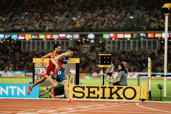 Jakob Ingebrigtsen (NOR/Norway), Mohamed Katir (ESP/Spain) during the 5000 Metres on Day 9 of the World Athletics Championships Budapest 23 at the National Athletics Centre in Budapest, Hungary on August 27, 2023.