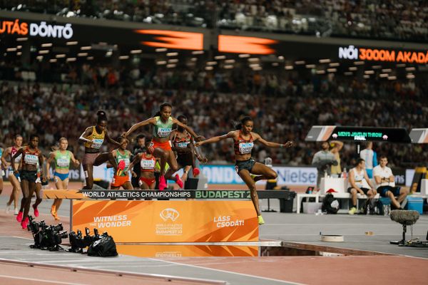 Leonard Chemutai (UGA/Uganda), Sembo Almayew (ETH/Ethiopia), Faith Cherotich (KEN/Kenya), Beatrice Chepkoech (KEN/Kenya) during the 3000 Metres Steeplechase on Day 9 of the World Athletics Championships Budapest 23 at the National Athletics Centre in Budapest, Hungary on August 27, 2023.