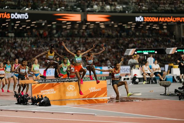 Leonard Chemutai (UGA/Uganda), Sembo Almayew (ETH/Ethiopia), Faith Cherotich (KEN/Kenya), Beatrice Chepkoech (KEN/Kenya) during the 3000 Metres Steeplechase on Day 9 of the World Athletics Championships Budapest 23 at the National Athletics Centre in Budapest, Hungary on August 27, 2023.