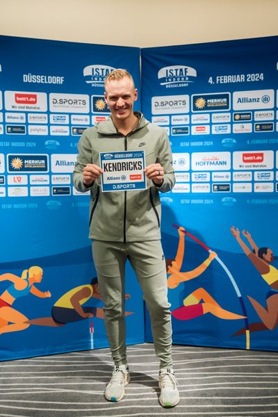 Sam Kendricks (USA) während der internationalen Pressekonferenz zum 4. ISTAF INDOOR Düsseldorf am 02.02.2024 im Meliá Hotel in Düsseldorf