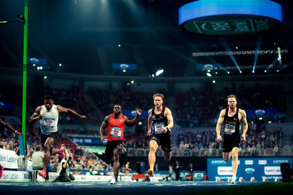 Emmanuel Matadi (LBR), Arthur Gue Cisse (CIV), Kevin Kranz (GER/Sprintteam Wetzlar), Aleksandar Askovic (GER/LG Stadtwerke München)  beim 4. ISTAF INDOOR Düsseldorf am 04.02.2024 im PSD Bank Dome in Düsseldorf