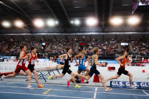 Artur Beimler (Braunschweiger Laufclub), Marc Tortell (Athletics Team Karben), Florian Zittel (TV Wattenscheid 01), Rodion Beimler (SC DHfK Leipzig e.V.), Christoph Maximilian Schrick (Königsteiner LV), Silas Zahlten (LG Brillux Münster) am 17.02.2024 während den 71. Deutschen Leichtathletik-Hallenmeisterschaften in der QUARTERBACK Immobilien ARENA in Leipzig