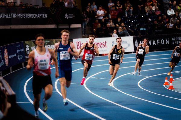 Fabian Dammermann (LG Osnabrück), Arne Leppelsack (TSV Gräfelfing), Friedrich Rumpf (SCC Berlin) im 400m Vorlauf am 17.02.2024 während den 71. Deutschen Leichtathletik-Hallenmeisterschaften in der QUARTERBACK Immobilien ARENA in Leipzig