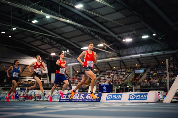 Christoph Kessler (LG Region Karlsruhe), Felix Ebel (Braunschweiger Laufclub), Kilian Schreiner (ASC 1990 Breidenbach), Malte Stockhausen (LAZ Rhede) im 3000m Finale am 17.02.2024 während den 71. Deutschen Leichtathletik-Hallenmeisterschaften in der QUARTERBACK Immobilien ARENA in Leipzig