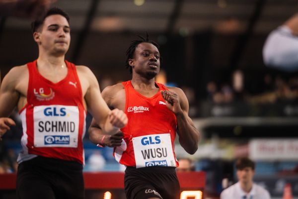 Gabriel Wusu (LG Brillux Münster) am 18.02.2024 während den 71. Deutschen Leichtathletik-Hallenmeisterschaften in der QUARTERBACK Immobilien ARENA in Leipzig