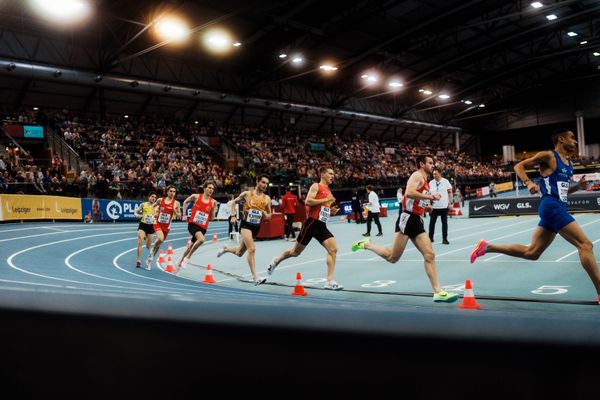 Marco Sietmann (LG Brillux Münster), Artur Beimler (Braunschweiger Laufclub), Maximilian Berger (LSC Höchstadt/Aisch), Jan Dillemuth (Königsteiner LV), Silas Zahlten (LG Brillux Münster), Timo Benitz (LG farbtex Nordschwarzwald) am 18.02.2024 während den 71. Deutschen Leichtathletik-Hallenmeisterschaften in der QUARTERBACK Immobilien ARENA in Leipzig