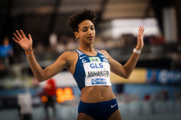 Malaika Mihambo (LG Kurpfalz) am 18.02.2024 während den 71. Deutschen Leichtathletik-Hallenmeisterschaften in der QUARTERBACK Immobilien ARENA in Leipzig