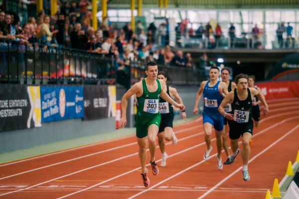 Max Husemann (Eintracht Hildesheim), Luis Krenzlin (SC DHfK Leipzig e.V.), Lucien Berger (Sportclub Magdeburg e.V.), Michal Fatyga (SC Neubrandenburg) im 400m Finale waehrend der 55. Deutsche Jugend-Hallenmeisterschaften U20 am 25.02.2024 in der Helmut-Körnig-Halle in Dortmund