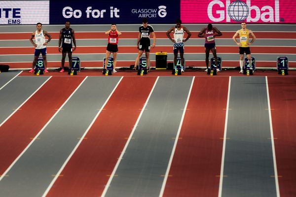 Scott James Fiti (FSM), Waisake Tewa (Fiji), Markus Fuchs (AUT/Austria), Tiaan Whelpton (NZL/New Zealand), Jeff Erius (FRA/France), Noah Lyles (USA/United States of America), Aleksandar Askovic (GER/Germany) am 01.03.2024 bei den World Athletics Indoor Championships in Glasgow (Schottland / Vereinigtes Königreich)