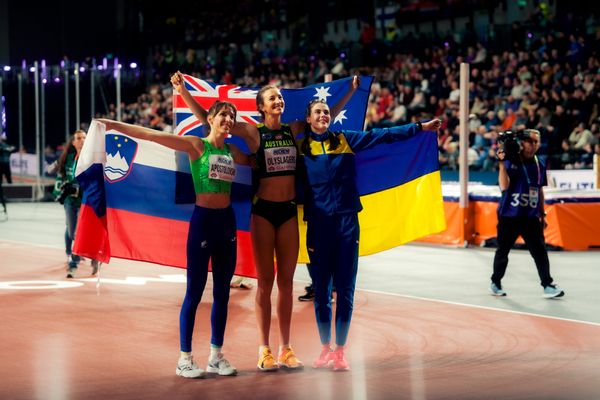 Lia Apostolovski (SLO/Slovenia), Nicola Olyslagers (AUS/Australia), Yaroslava Mahuchikh (UKR/Ukraine) am 01.03.2024 bei den World Athletics Indoor Championships in Glim Hochsprung asgow (Schottland / Vereinigtes Königreich)