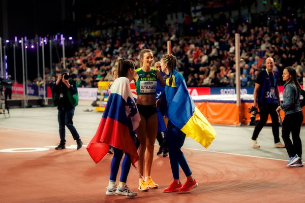 Lia Apostolovski (SLO/Slovenia), Nicola Olyslagers (AUS/Australia), Yaroslava Mahuchikh (UKR/Ukraine) am 01.03.2024 bei den World Athletics Indoor Championships in Glim Hochsprung asgow (Schottland / Vereinigtes Königreich)