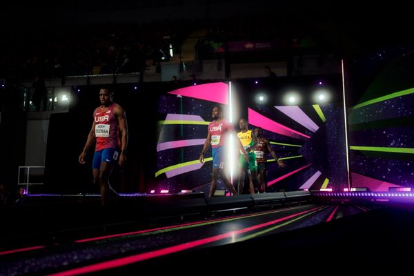 Christian Coleman (USA/United States of America), Noah Lyles (USA/United States of America), Ackeem Blake (JAM/Jamaica) am 01.03.2024 bei den World Athletics Indoor Championships in Glasgow (Schottland / Vereinigtes Königreich)