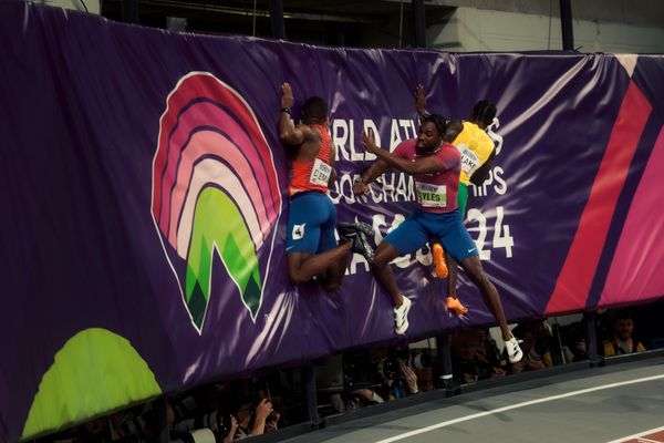 Christian Coleman (USA/United States of America), Noah Lyles (USA/United States of America), Ackeem Blake (JAM/Jamaica) am 01.03.2024 bei den World Athletics Indoor Championships in Glasgow (Schottland / Vereinigtes Königreich)