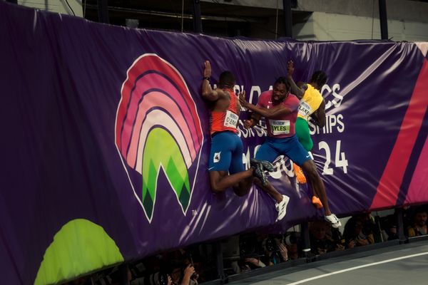 Christian Coleman (USA/United States of America), Noah Lyles (USA/United States of America), Ackeem Blake (JAM/Jamaica) am 01.03.2024 bei den World Athletics Indoor Championships in Glasgow (Schottland / Vereinigtes Königreich)