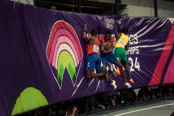 Christian Coleman (USA/United States of America), Noah Lyles (USA/United States of America), Ackeem Blake (JAM/Jamaica) am 01.03.2024 bei den World Athletics Indoor Championships in Glasgow (Schottland / Vereinigtes Königreich)