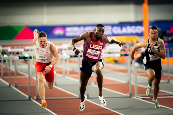 Jakub Szymanski (POL/Poland), Grant Holloway (USA/United States of America), Milan Trajkovic (CYP/Cyprus) im 60 Hürden Finale am 02.03.2024 bei den World Athletics Indoor Championships in Glasgow (Schottland / Vereinigtes Königreich)