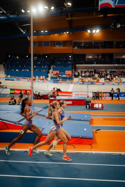 Georgia Hunter Bell (GBR/Great Britain), Agathe Guillemot (FRA/France), Revee Walcott-Nolan (GBR/Great Britain) during the European Athletics Indoor Championships on 07/03/2025 at the Omnisport Arena in Apeldoorn
