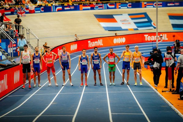 Ruben VERHEYDEN (BEL), Azeddine HABZ (FRA), Jakob INGEBRIGTSEN (NOR), Neil GOURLEY (GBR), Paul ANSELMINI (FRA), Louis GILAVERT (FRA), Isaac NADER (POR), Samuel PIHLSTRÖM (SWE), Robert FARKEN (GER/Germany) during the European Athletics Indoor Championships on 07/03/2025 at the Omnisport Arena in Apeldoorn