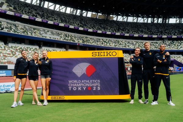 The German 4x400 meter mixed relay team with Jana Lakner (GER), Johanna Martin (GER), Elisa Lechleitner (GER), Florian Kroll (GER), Manuel Sanders (GER), Emil Agyekum (GER) during the World Athletics Championships on  12.09.2025 in Tokyo