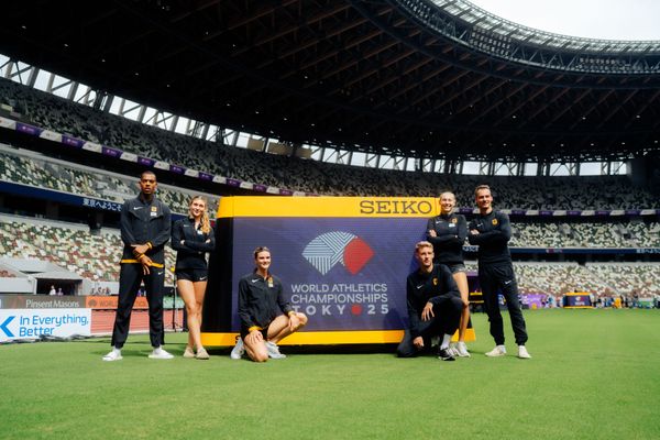 The German 4x400 meter mixed relay team with Jana Lakner (GER), Johanna Martin (GER), Elisa Lechleitner (GER), Florian Kroll (GER), Manuel Sanders (GER), Emil Agyekum (GER) during the World Athletics Championships on  12.09.2025 in Tokyo