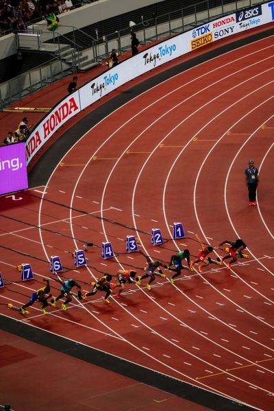 Christopher Borzor (HAI), Ali Al Balushi (OMA), Felipe Bardi (BRA), Noah Lyles (USA), Yoshihide Kiryu (JPN), Ackeem Blake (JAM), Terrence Jones (BAH), Georgia Griffith (AUS) during the World Athletics Championships on 13.09.2025 in Tokyo.