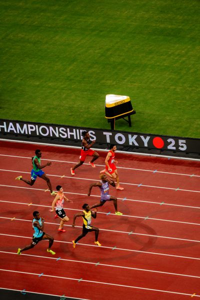 Christopher Borzor (HAI), Ali Al Balushi (OMA), Felipe Bardi (BRA), Noah Lyles (USA), Yoshihide Kiryu (JPN), Ackeem Blake (JAM), Terrence Jones (BAH), Georgia Griffith (AUS) during the World Athletics Championships on 13.09.2025 in Tokyo.