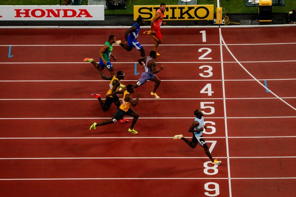 100m Heat 5 with Letsile Tebogo (BOT), Andre De Grasse (CAN), Courtney Lindsey (USA), Rikkoi Brathwaite (IVB), Lucas Ansah-Peprah (GER), Benjamin Azamati (GHA), Erik Cardoso (BRA) during the World Athletics Championships on 13.09.2025 in Tokyo.