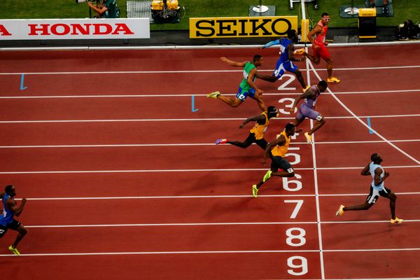 100m Heat 5 with Letsile Tebogo (BOT), Andre De Grasse (CAN), Courtney Lindsey (USA), Rikkoi Brathwaite (IVB), Lucas Ansah-Peprah (GER), Benjamin Azamati (GHA), Erik Cardoso (BRA) during the World Athletics Championships on 13.09.2025 in Tokyo.