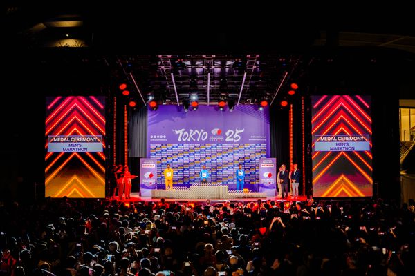 Medal ceremony of Men’s Marathon during the World Athletics Championships with Amanal Petros (GER),
 Alphonce Felix Simbu (TAN) & Iliass Aouani (ITA) 15.09.2025 in Tokyo.